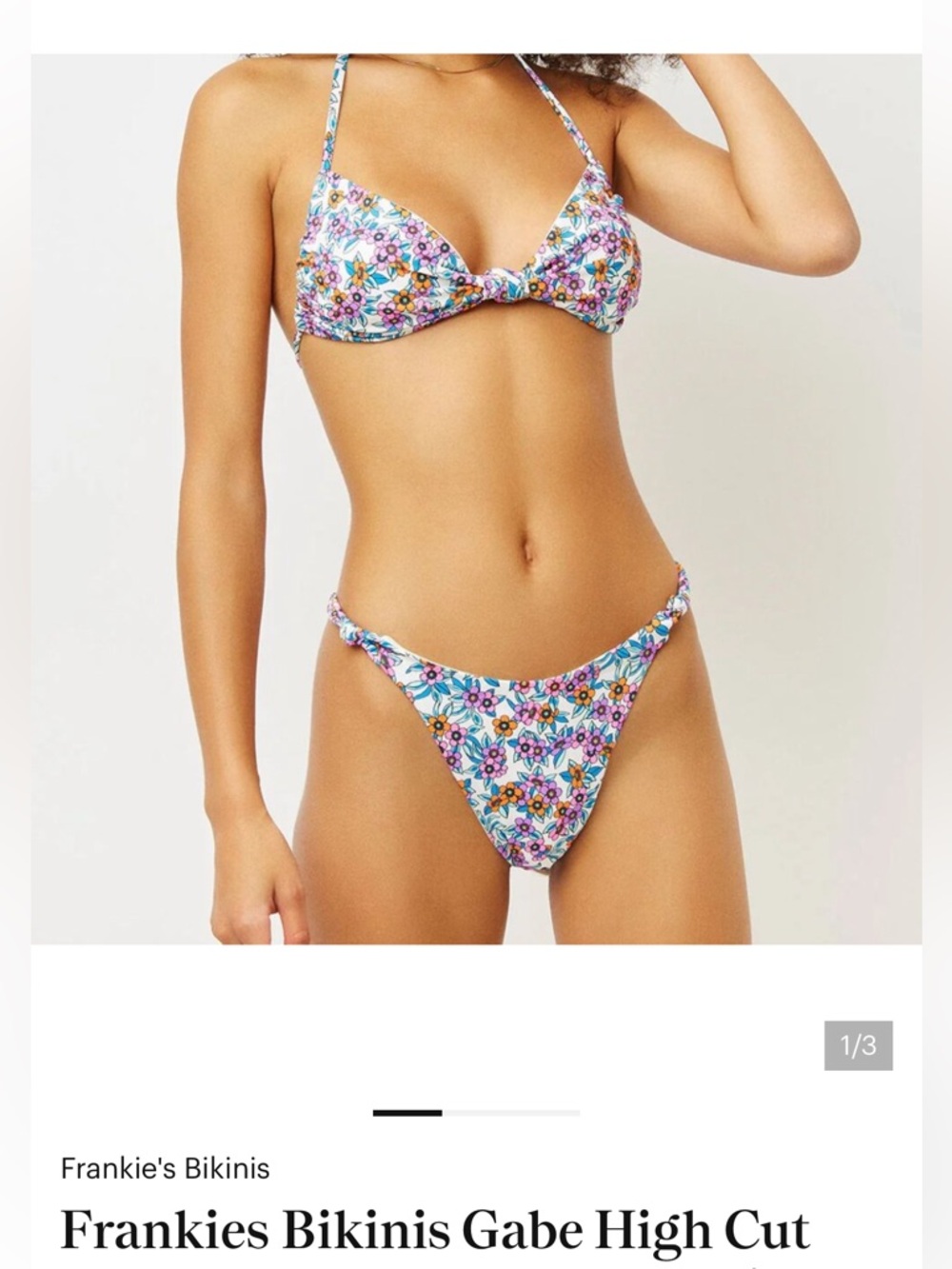 Frankie’s Bikinis Gabe Halter String Bikini Top in Flower Farm, size XSmall.